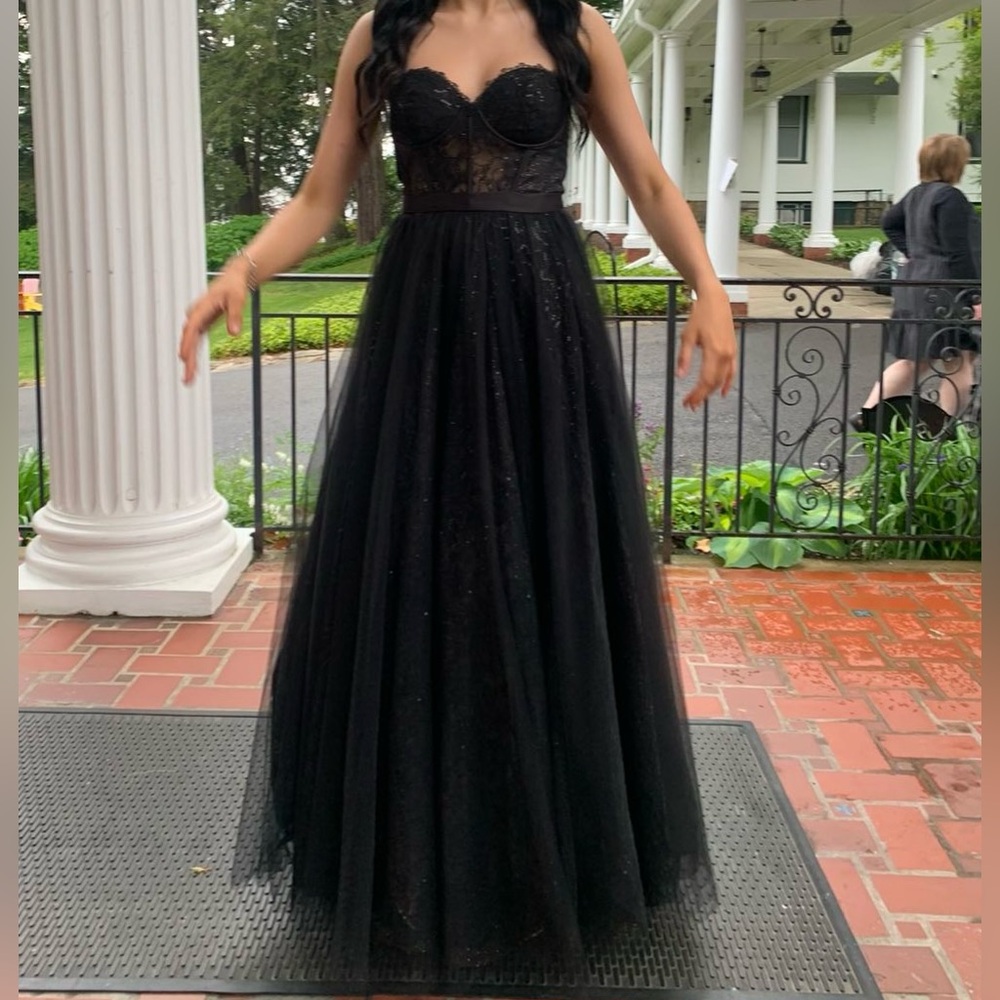 Davids Bridal Black 7 Layer Gold undertone sparkle dress